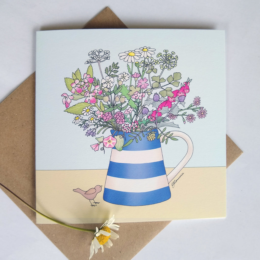 Card - Flowers in Blue Stripe Pitcher