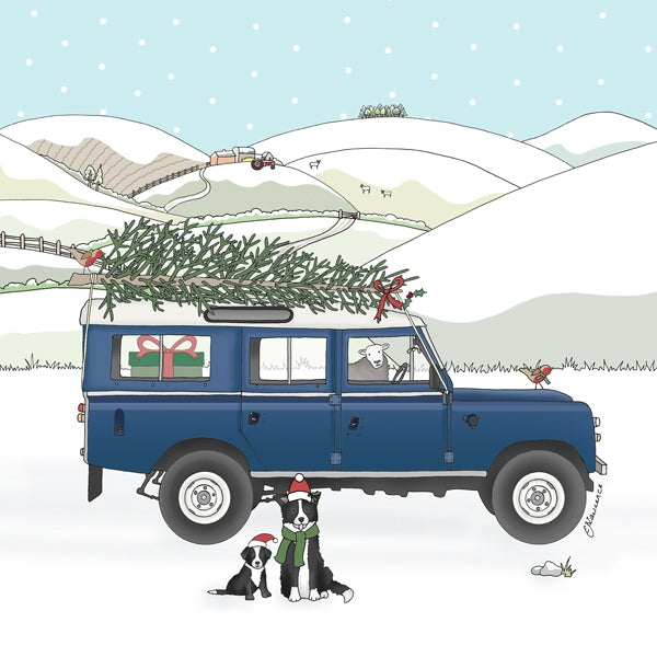 Christmas Card Land Rover Long Wheel Base Collie ad Pup